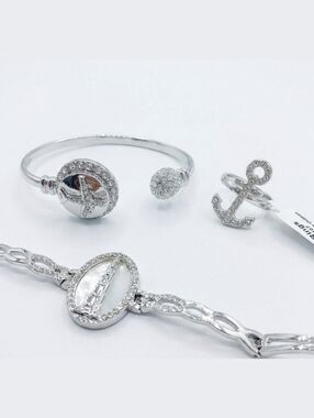 3Pc Set Of Travel Themed Jewelry Silver Plated CZ Rhinestone Bracelet Ring